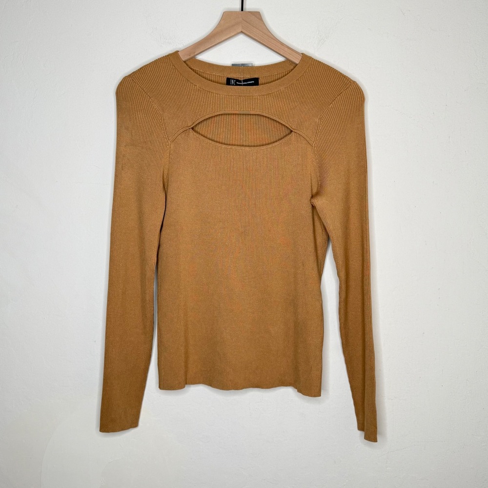 INC International Concepts Sweater Womens Medium Tan Ribbed Cutout Warm Toffee